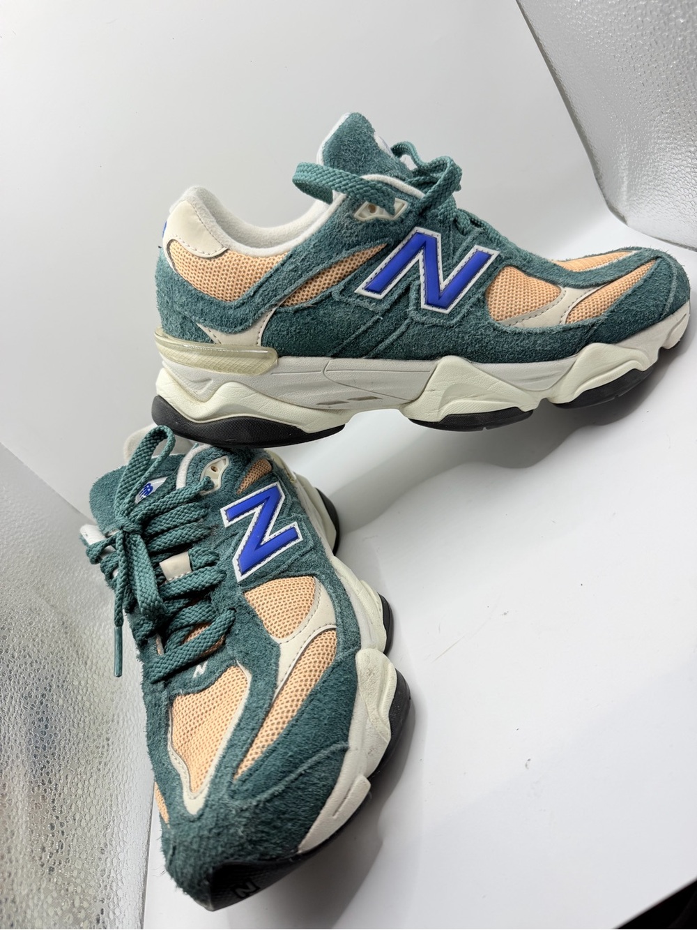 New Balance 9060 junior Green and Peach Retro Running Sneakers with Blue 'N'